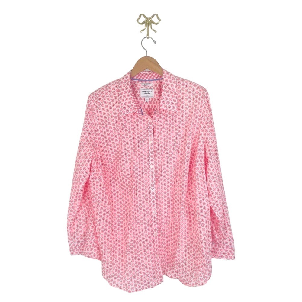 Charter Club Shirt Shop Pink Floral Cotton Button Down Shirt Blouse Plus 22W